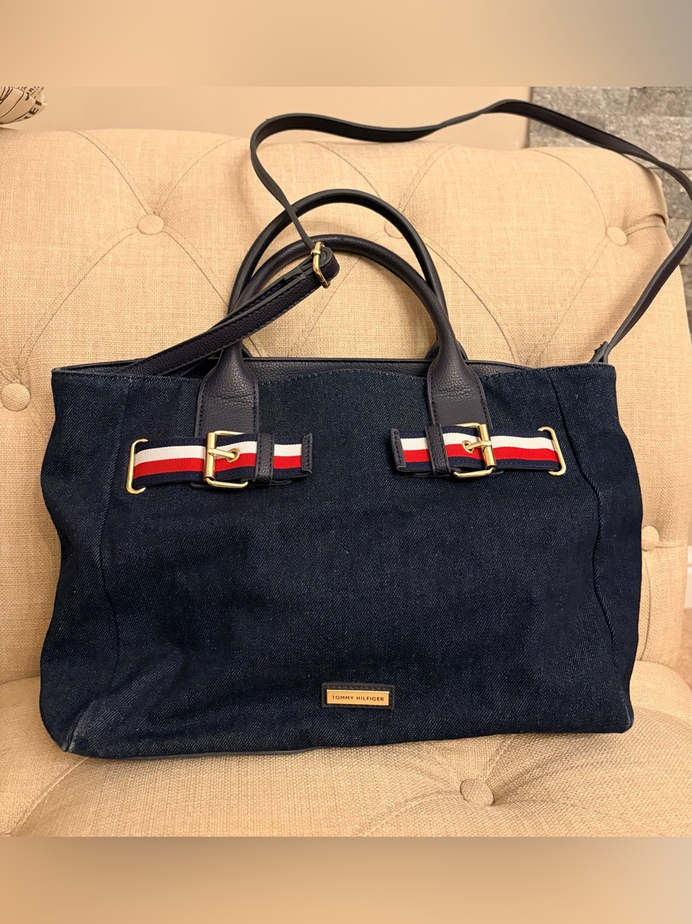 Tommy Hilfiger Navy Denim Tote with Red-White-Blue Webbing and Gold Hardware